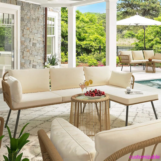 3 Pieces Patio Furniture Set, Outdoor Wicker Conversation Sectional L-Shaped Sofa with 4 Seater