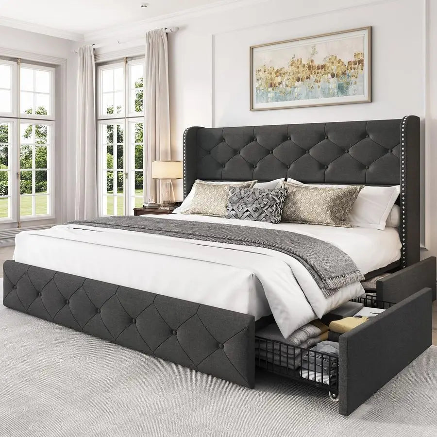 Full Size Bed Frame with 4 Storage Drawers and Wingback Headboard Linen Upholstered Platform Bed Frame Tufted Beds with Wooden S