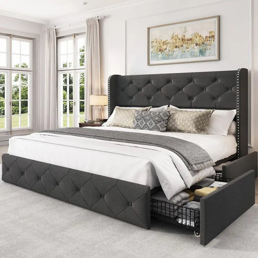 Full Size Bed Frame with 4 Storage Drawers and Wingback Headboard Linen Upholstered Platform Bed Frame Tufted Beds with Wooden S