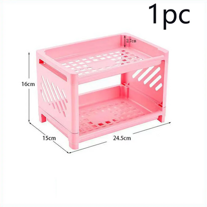 Double Layer Desk Organizer - Plastic Makeup Storage Shelf for Office/Bathroom/Kitchen | Vanity Shelf Cosmetic Display Rack