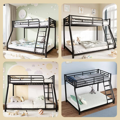 Metal Bunk Bed, Full Size Bed Frame, Twin Over Full Bunk Bed with Safety Guardrail and Ladder, Bunk Beds Twin Over Full Size