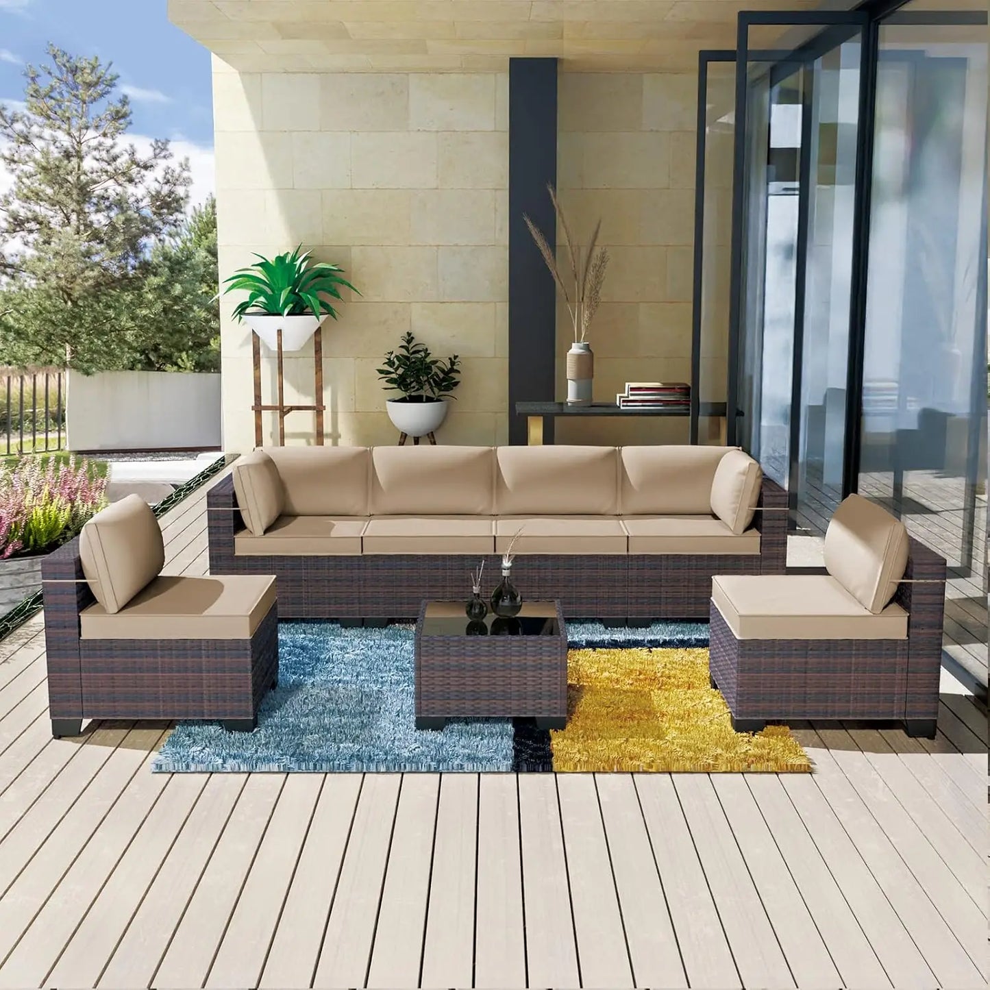 12 Pieces Outdoor Patio PE Rattan Sectional Sofa Set with Cushions & Tempered Glass Coffee Table for Garden Porch, Customized