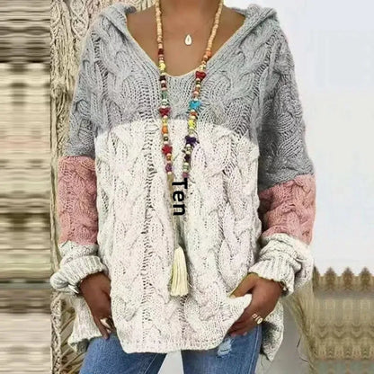 2023 Autumn/Winter New Women's Solid Color Cable Knit Sweater Hooded Pullover European and American Cross-Border Supply