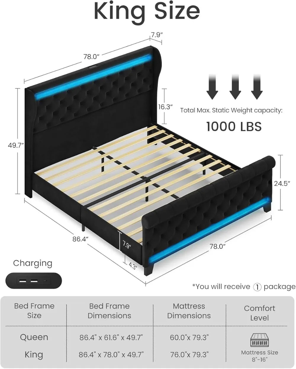 King Size Bed Frame with LED Lights & USB Ports, Upholstered Velvet Platform Bed, No Box Spring Needed, Noise Free, Black