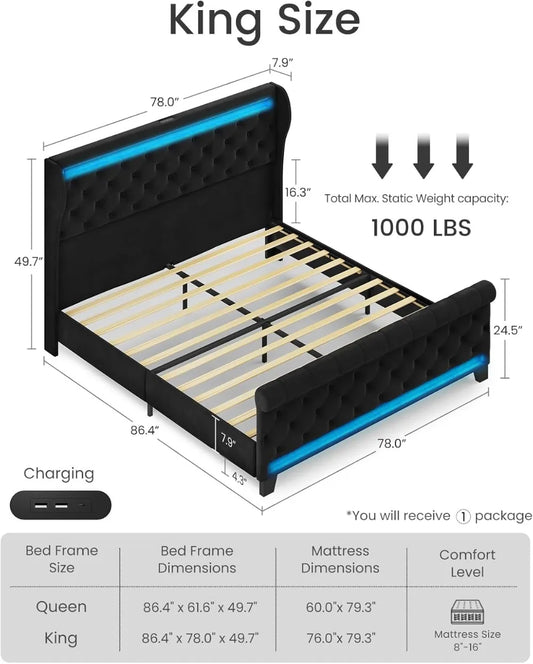 King Size Bed Frame with LED Lights & USB Ports, Upholstered Velvet Platform Bed, No Box Spring Needed, Noise Free, Black