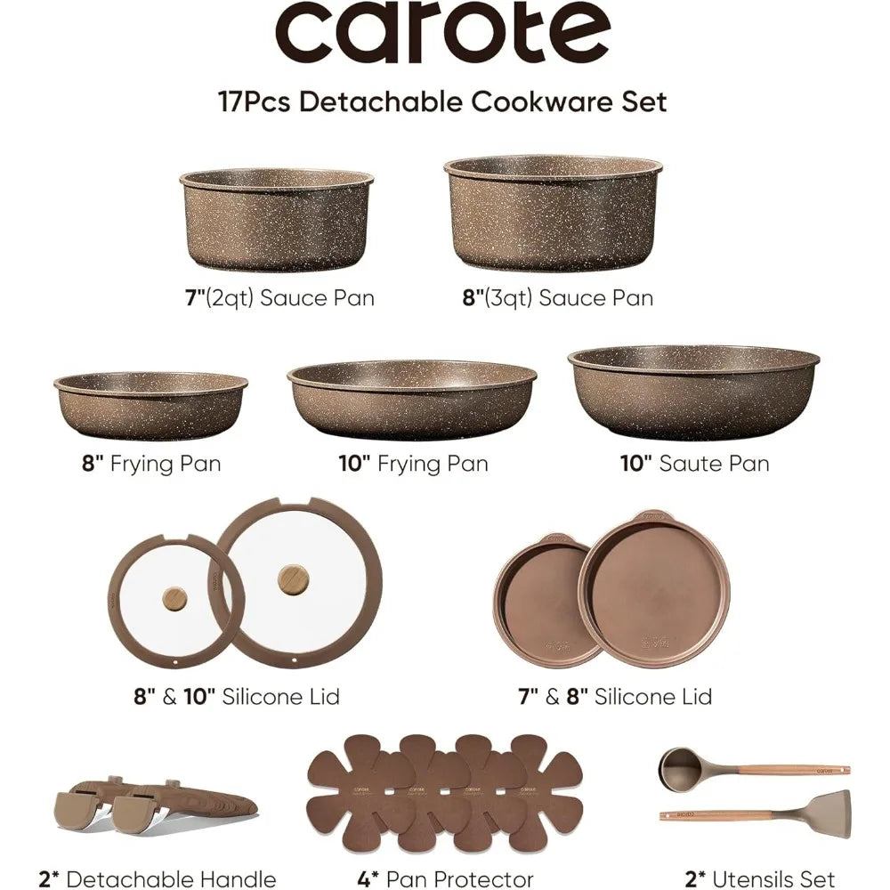 CAROTE 17-Piece Non-Stick Pots and Pans Set with Removable Handles, Cookware Set for Kitchen, Oven and Dishwasher Safe