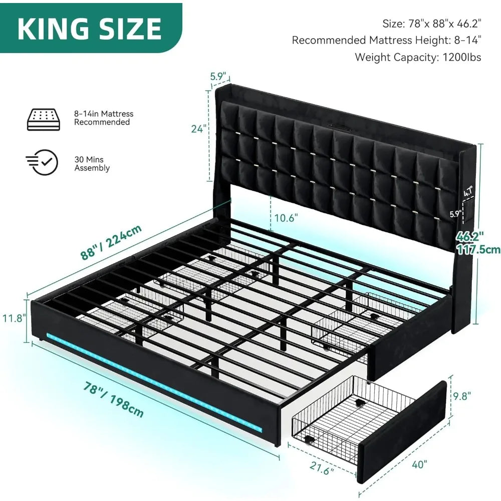 LED Queen/king Bed Frame with 4 Drawers Velvet Upholstered Platform Bed, No Box Spring Needed, Easy Assembly