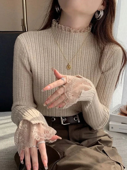 Autumn Winter Turtleneck Skinny Elastic Knitted Pullovers Women Solid Color Tops Female Long Sleeve Knit Patctwork Lace Sweater