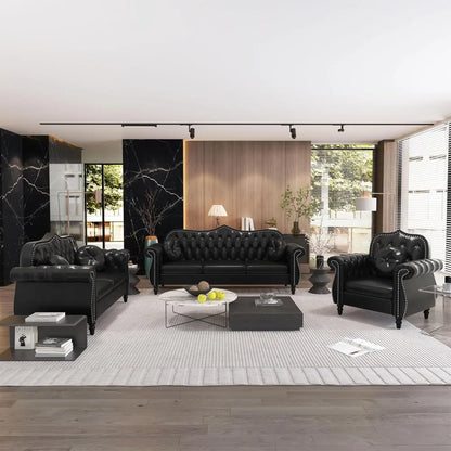 Chesterfield Three Seater Sofa, Mid-Century Modern Faux Leather 3-Seater Upholstered Couch, Tufted Living Room Sofa with 2 Pillo
