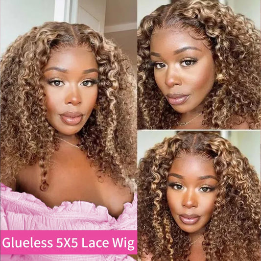 Highlight Ombre Bob Wig Human Hair 100% Curly Short Honey Blonde Colored Glueless Deep Wave Frontal Wig 5X5 Hd Lace Closure Wigs