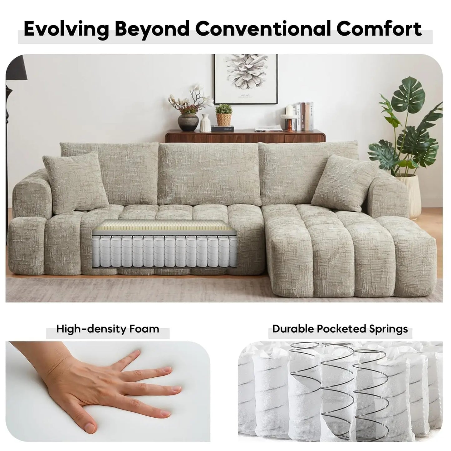 108” Cloud Modular Sectional Sofa Couch with Deep Seat, Modern L-Shaped Boneless Couch with Chaise, Comfy Chenille, Customized