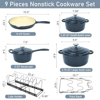 Nonstick Enameled Cast Iron Cookware Set 9 Pieces Dutch Oven Pot with Lid for Braising Stews Roasting Bread Baking Cooking Pot