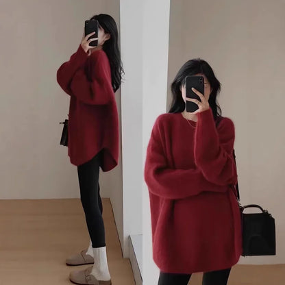 White Knitted Loose Long Sleeve Women's Base Shirt Sweater Autumn Winter High Sensation Inner Match Lazy Style Polyester Fiber