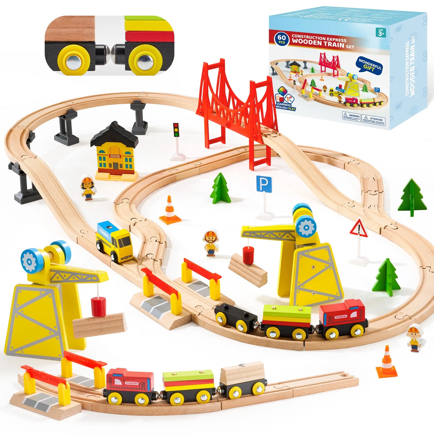 Joyfy 60 Pcs Kids Train Toys Wooden Tracks & 6 Magnetic Trains Expandable Train Set for Toddlers Birthday Christmas Gifts