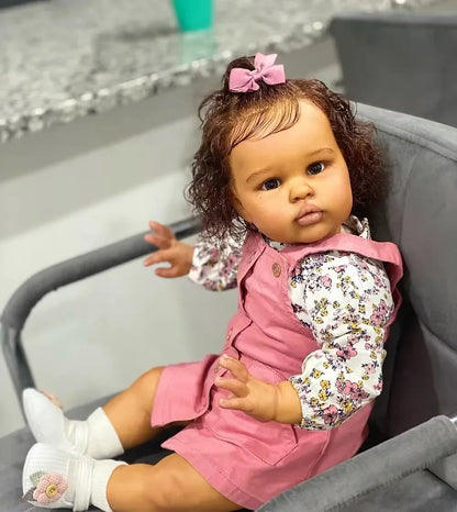 1PC Lifelike Reborn Baby Doll 24Inch Ellie Toddler Newborn Doll Soft Touch Dark Skin Art Doll with Hand Root Hair