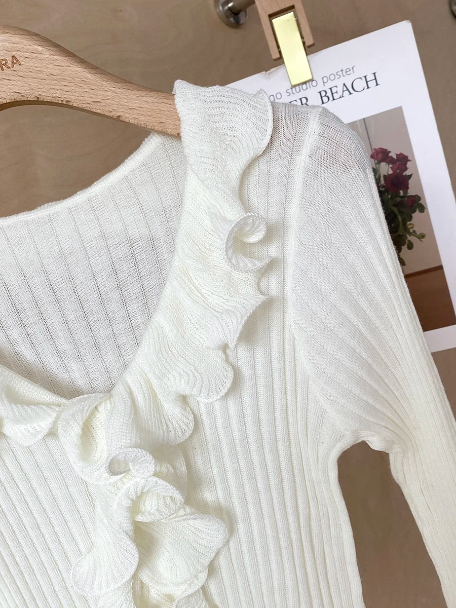 Women's Ruffled Sweater Long Sleeve Slim Fit Rib Knit Top Pullover Jumper Ladies Knitwear Autumn Winter Fairycore Outfit