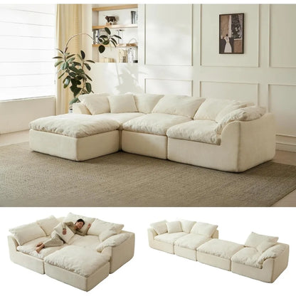 109 Modern Cloud Couches for Living Room, Deep Seat Convertible L-Shape Boneless Couch with Ottoman, Oversized Comfy 3-Seater Co