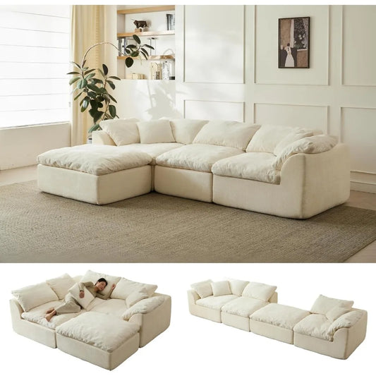 109 Modern Cloud Couches for Living Room, Deep Seat Convertible L-Shape Boneless Couch with Ottoman, Oversized Comfy 3-Seater Co