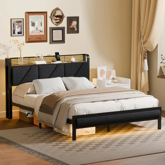 Platform Metal Bed Frame with Headboard And LED Lights Upholstered Bedframe with Charging Station And USB Port