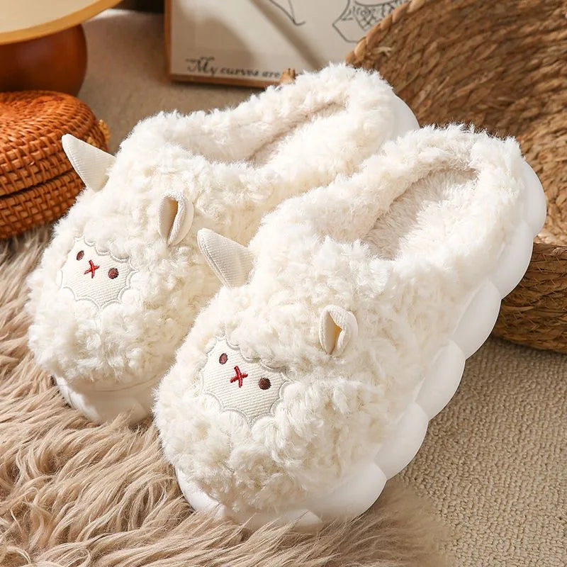 Cotton Slippers Female Autumn and Winter Couple Home Indoor Plush Slippers Cute Sheep Non-slip Warm Slides Male Flat Shoes