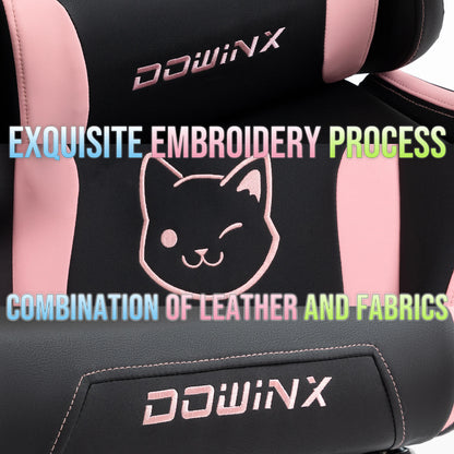 Dowinx Gaming Chair Cute with Cat Ears and Massage Lumbar Support, Ergonomic Computer Chair for Girl with Footrest and Headrest