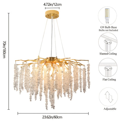 Branch style modern round crystal chandelier, G9 lamp holder (excluding light bulb), living room, bedroom, dining area, foyer