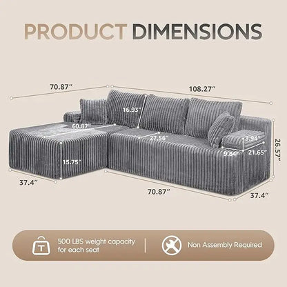 Modular Sectional Sofa Couches 108" L-Shape Couch 3 Seat Modular Sofa Memory Foam Sectional Couches for Living Room