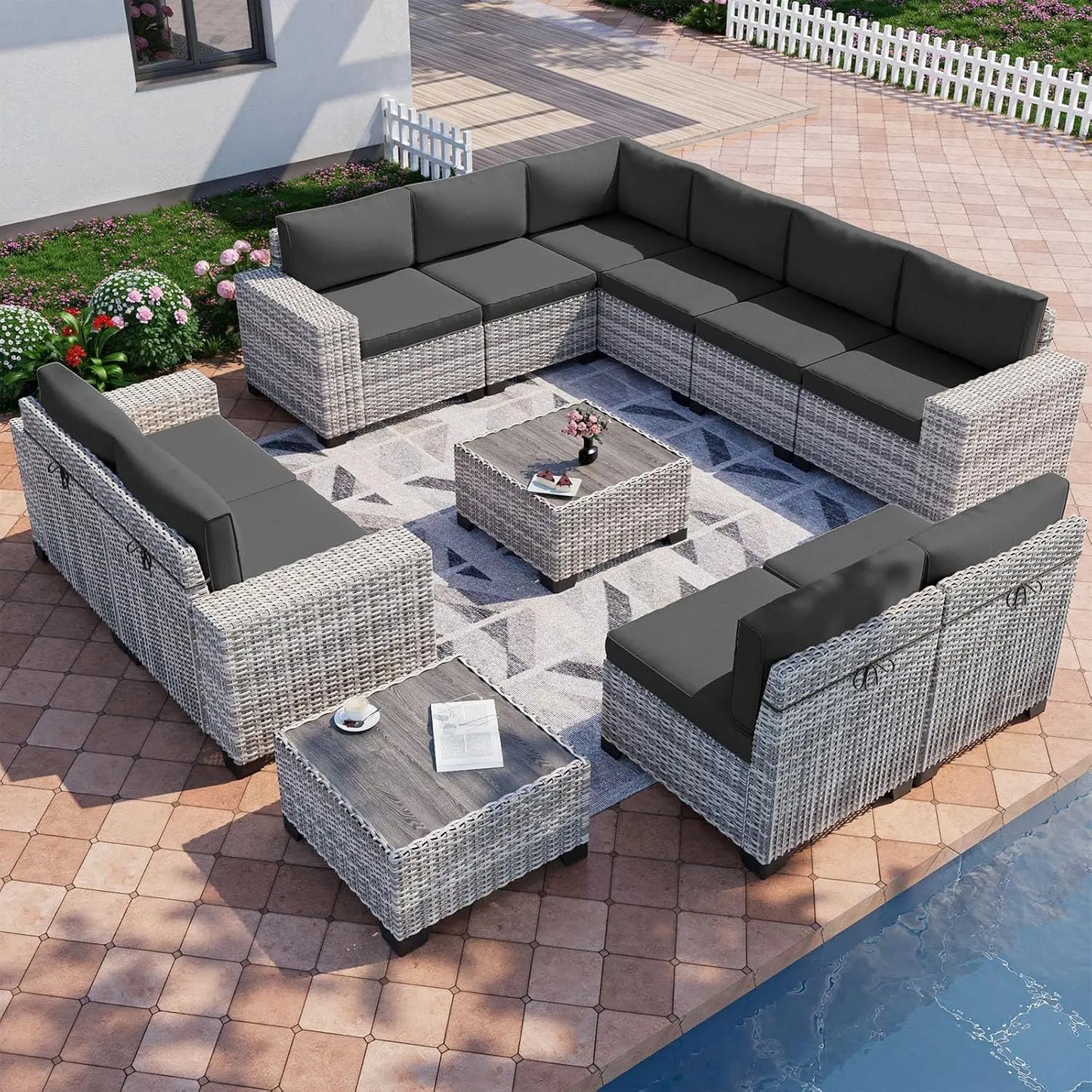 12-Piece Outdoor Patio Furniture Set Wicker Sectional Sofa Set, Patio Conversation Set with Thickened Cushions & Side Table
