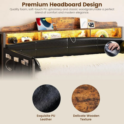 Daybed with Trundle, Twin XL Day Bed with Bookcase Headboard, Bedside Caddy, Charging Station LED Lights, Metal Sofa Bed