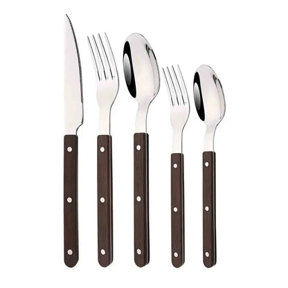 5/20Pcs Imitative Wood Silver Dinnerware Set Western Knife Fork Spoons Set Mirror Stainless Steel Cutlery Kitchen Silverware Set