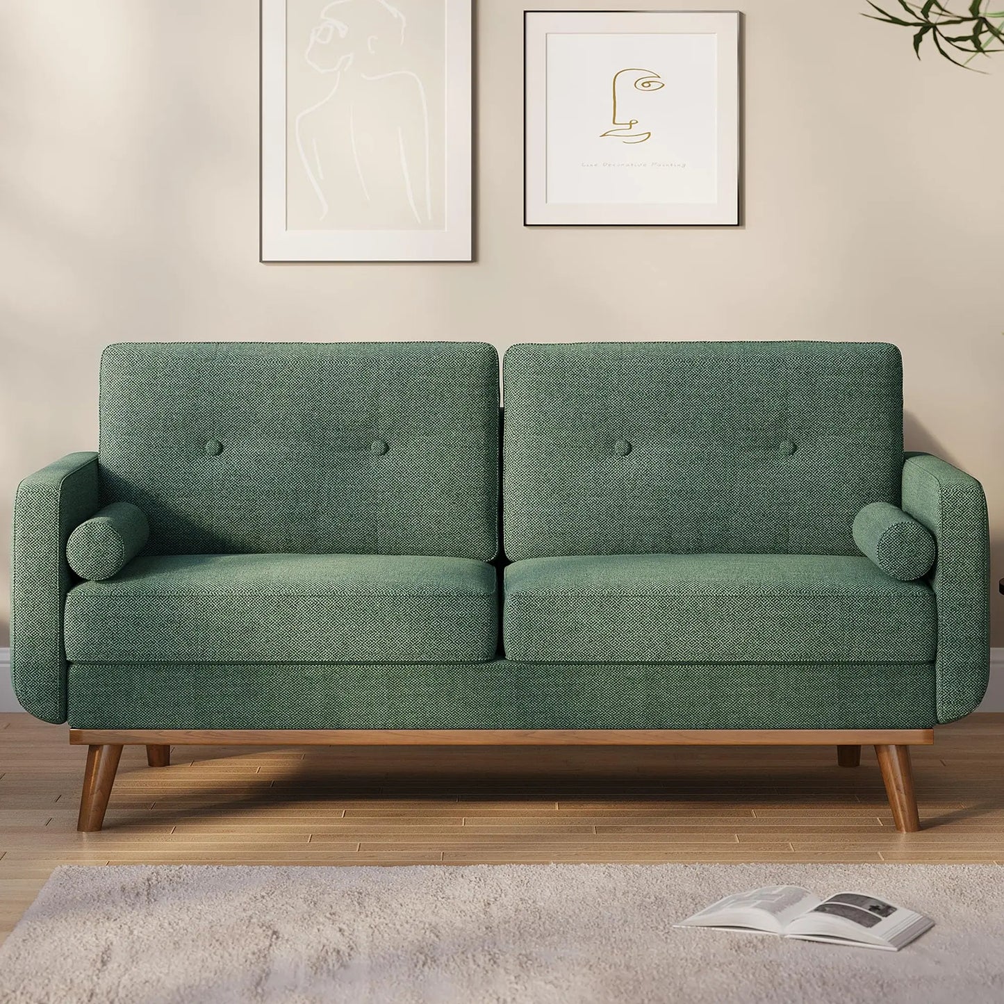65" Mid Century Modern Couch Sofa Loveseat, Comfy Love Seat Couches for Living Room, 2 Seater Linen Upholstered Deep Seat Couch