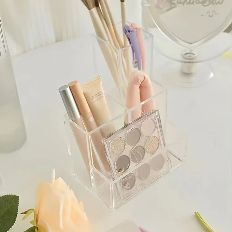 Transparent 3-Compartment Pens Holder Acrylic Desk Organizer Pens Pencils Markers Desktop Storage Box for Office School Supplies