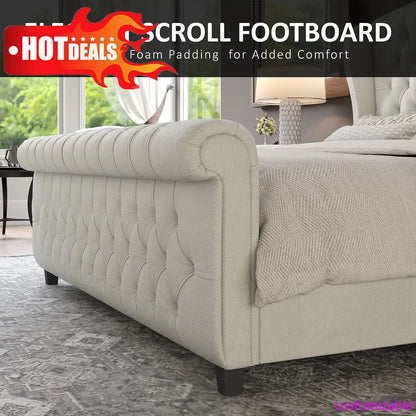 2025NEW Queen Size Platform Bed Frame, Chenille Upholstered Sleigh Bed with Scroll Wingback Headboard & Footboard/Button Tufted