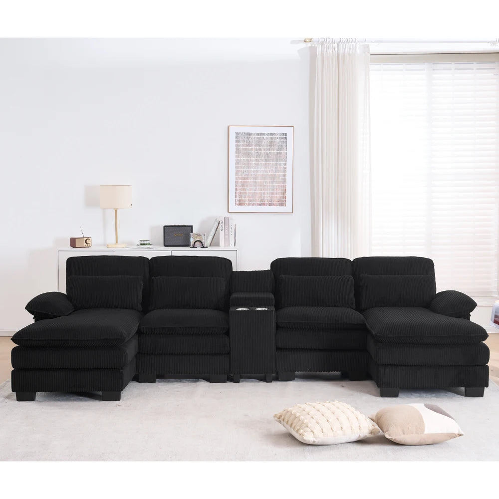 124" Modular U-Shaped Sectional Sofa, 4-Seater Cloud Couch Corduroy Living Room Set w/ Storage Console, Cup Holders, Pillows