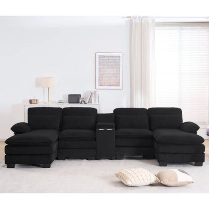 124" Modular U-Shaped Sectional Sofa, 4-Seater Cloud Couch Corduroy Living Room Set w/ Storage Console, Cup Holders, Pillows