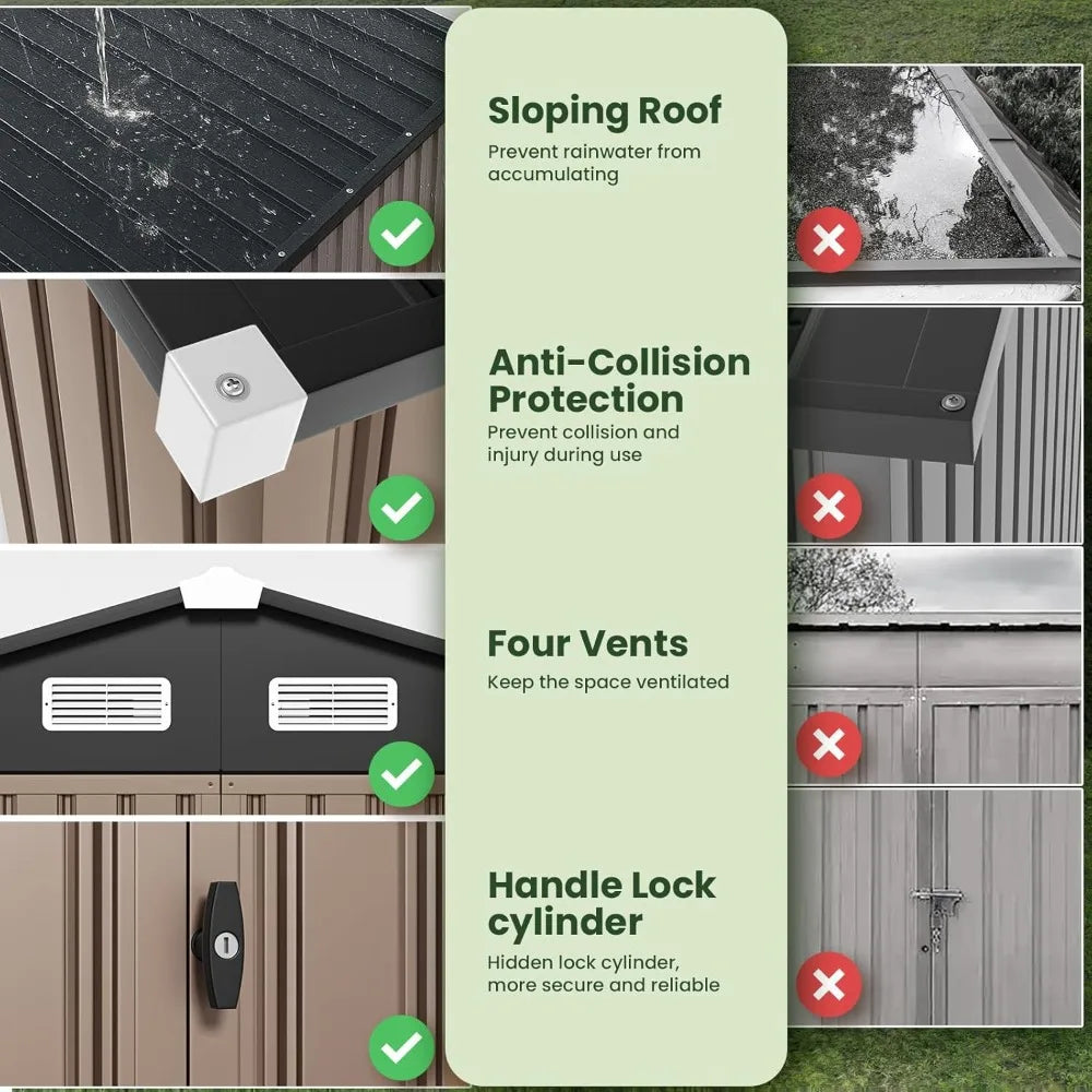 8x6 FT Outdoor Metal Storage Shed, 7.3x5.3 FT Base Durable Garden Shed with Updated Frame Structure for Backyard, Patio