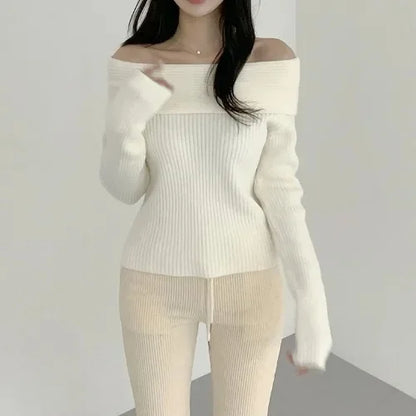 Korean Style Pure Desire One Shoulder Knitted Sweater Thickened Long Sleeve Slim Fit Women's Fashion Autumn Clothes