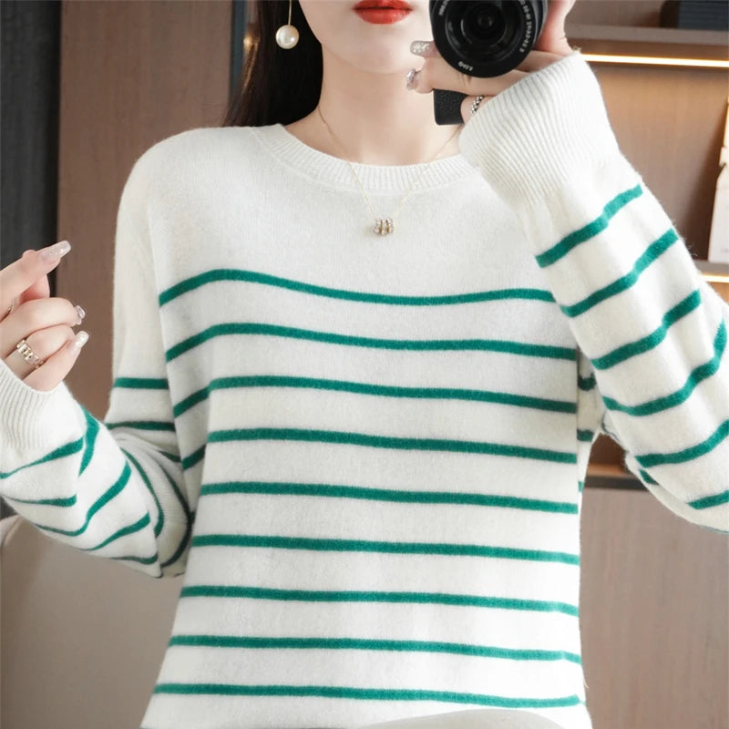 Spring Women's Pullover Sweater Striped Two-Color Sweater Long Sleeve Crewneck New 100% Cotton Pullover Sweater For Women-SMY257