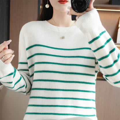 Spring Women's Pullover Sweater Striped Two-Color Sweater Long Sleeve Crewneck New 100% Cotton Pullover Sweater For Women-SMY257