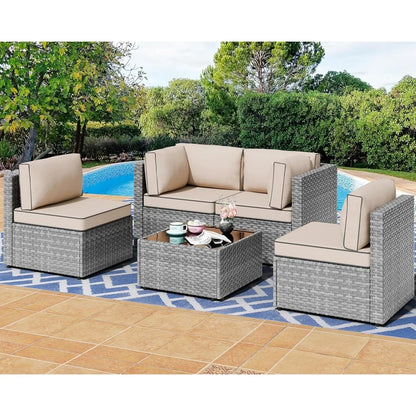 5 pieces outdoor patio furniture sets, patio sectional sofa couch, gray pe wicker furniture modular patio conversation sets pat