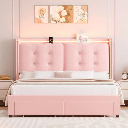 Upholstered Full Led Bed Frame with Charging Station and Storage Drawers, Velvet Princess Platform Bed Frames