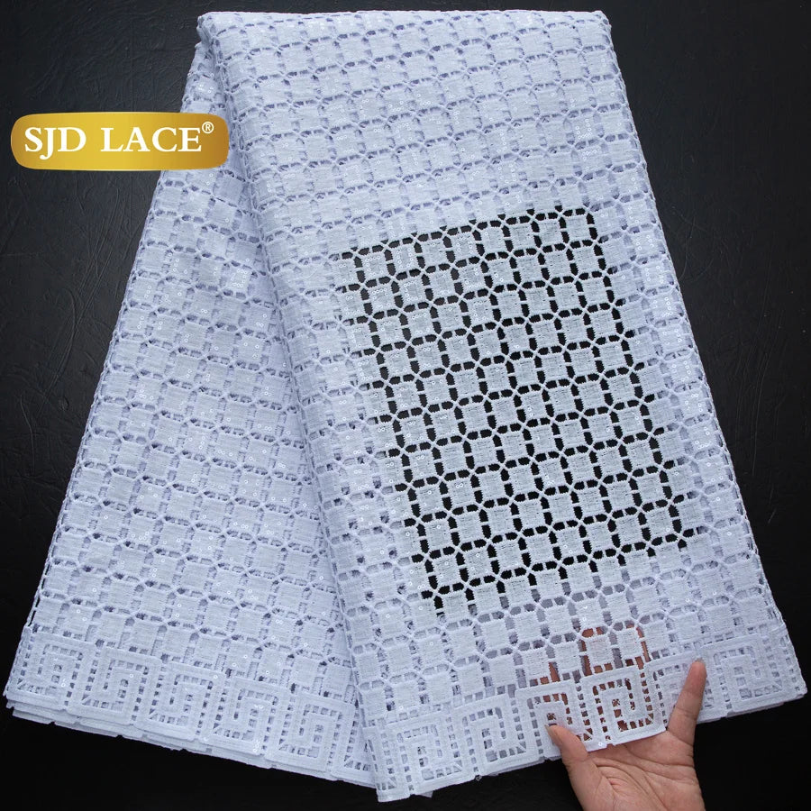 SJD LACE African Sequins Guipure Cord Lace Fabrics 5 Yards White 2025 New Nigerian Water Soluble Lace For Women Dresses Sew 4197