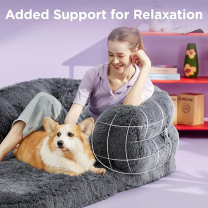 Foldable Human Dog Bed - 3-in-1 Orthopedic Giant Bean Bed with Waterproof Liner, Calming Faux Fur for Adults and Pets
