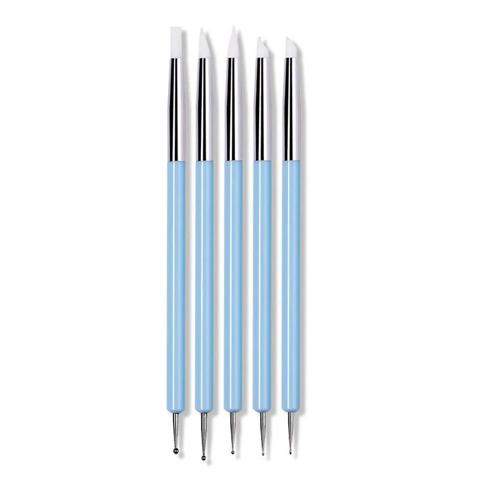 5Pcs Professional Nail Art Silicone Embossing Brush Dual-Head UV Gel Dotting Painting Pen Manicure Clay Sculpting Drawing Tools