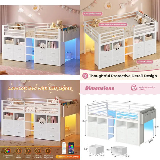 Twin Size Low Loft Bed with 8 Drawers, Bookcase, and LED Lights - Metal Kids Loft Bed with 14 Features