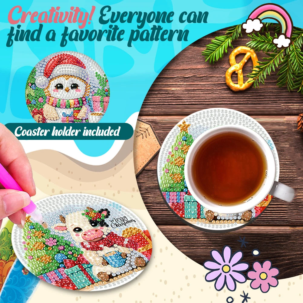 6Pcs Wooden Christmas Animals Diamond Painting Coasters DIY Coaster Diamond Dot Kits Round Diamond Art Coasters for Party Decor