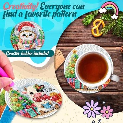 6Pcs Wooden Christmas Animals Diamond Painting Coasters DIY Coaster Diamond Dot Kits Round Diamond Art Coasters for Party Decor