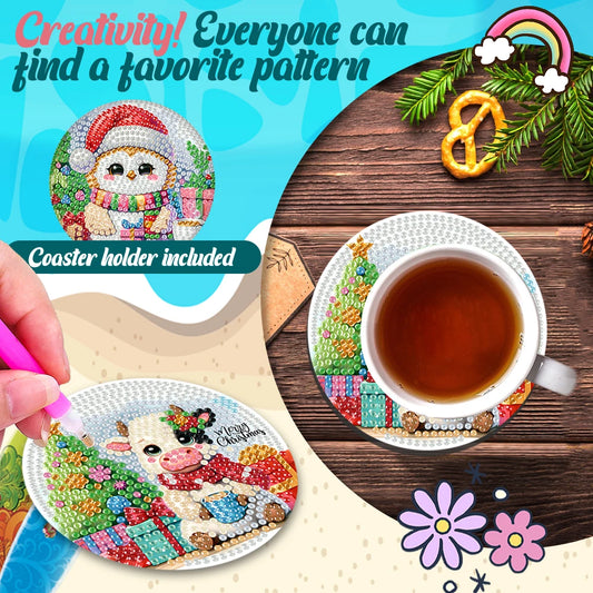 6Pcs Wooden Christmas Animals Diamond Painting Coasters DIY Coaster Diamond Dot Kits Round Diamond Art Coasters for Party Decor