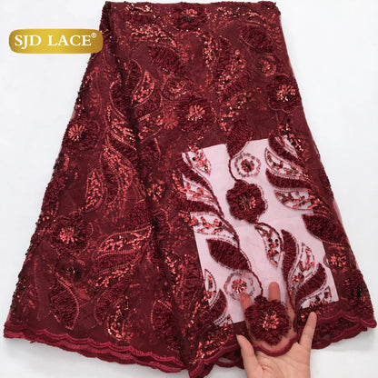 SJD LACE French Mesh Lace Fabric with Beads 2025 High Quality Nigerian African Net Tulle Lace for Sewing Women Wedding Dress4319