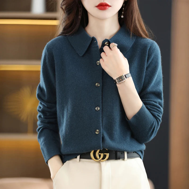 2024 Women's POLO Collar Knitted Cardigan Basic Versatile Top Spun Wool Jacket Elegant Single Breasted Sweater DMR430